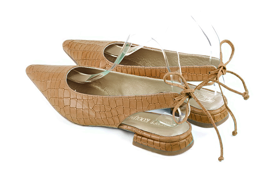 Dress slingback heels in camel beige leather with flat flare heels and pointed toe - Rear view